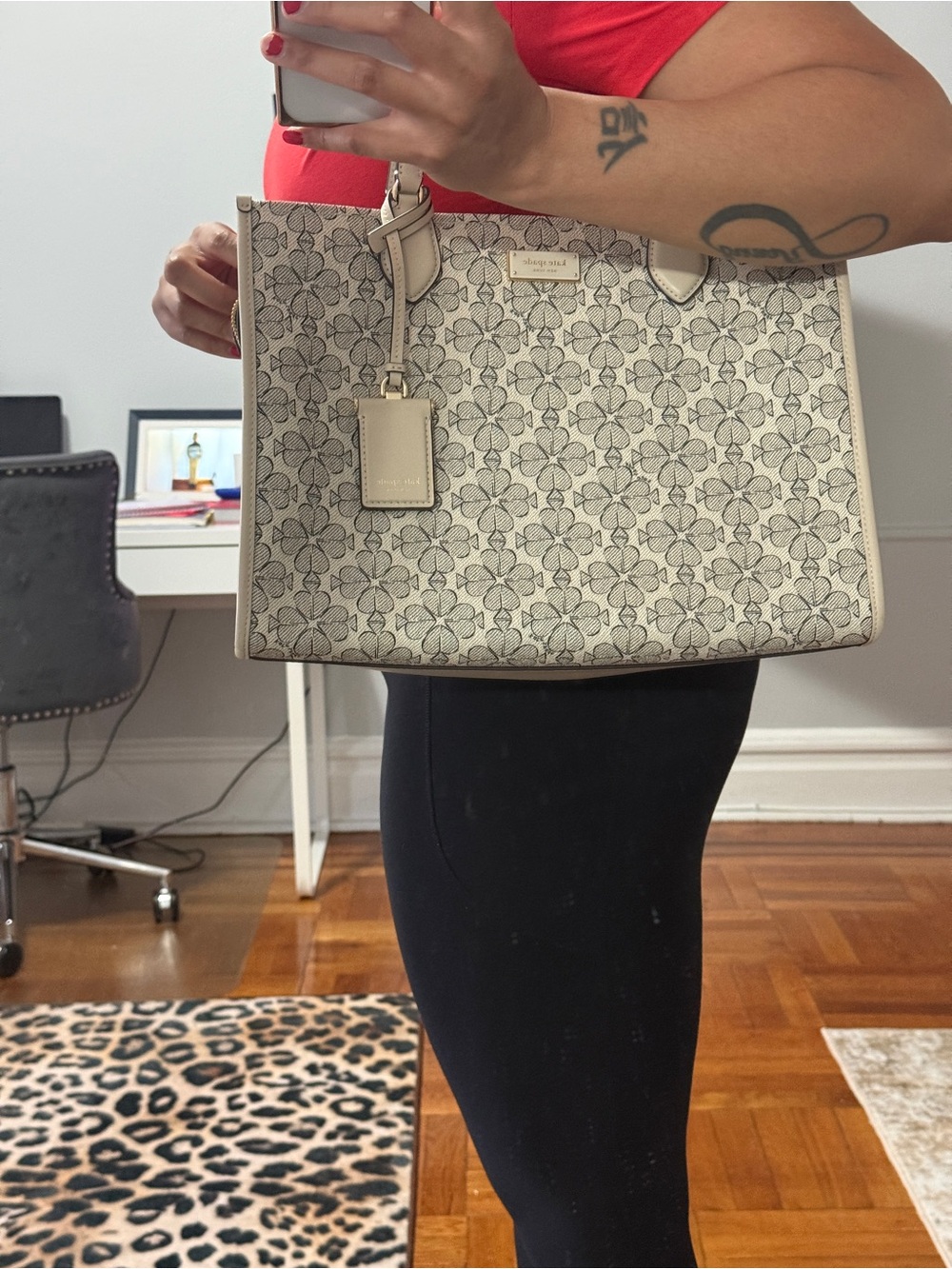 Kate Spade Black Spade Print Tote in Beige and Black Leather and Coated Canvas.
